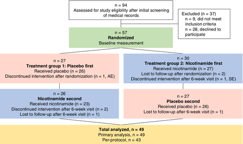 加入者被随机分配首先接受慰藉剂或首先接受烟酰胺